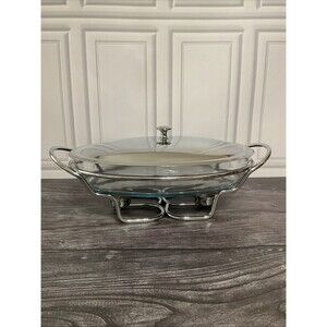 MARINEX Glass Serving Dish With Stainless Holder & Lid 17”L x 10.25”W x 7”T